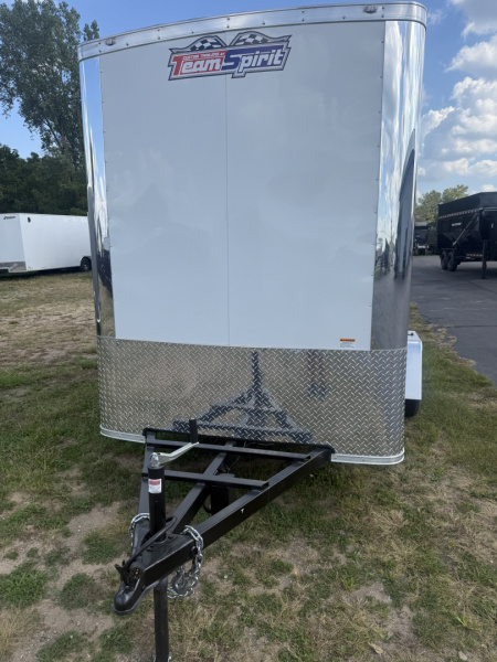 New 2025 Team Spirit Trailers 6x10 fiber trailer screwless,Insulated walls 110 package with 30 amp cord 12 volt charger 13.5 AC toolbox ext toing 2 fiber doors spare tire mount with spare tire 12 volt LED light on ceiling Fiber Splicing