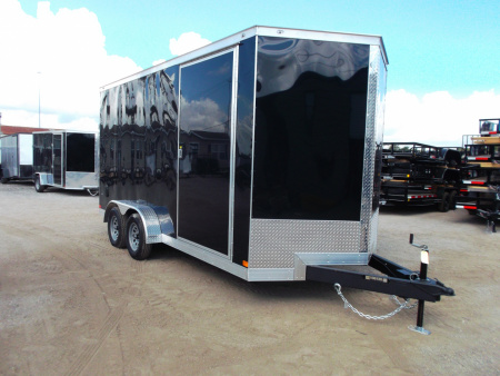 New 2026 Covered Wagon Trailers 7x16 Tandem Axle Cargo Trailer / Enclosed Trailer / 7'6" Interior / Extra Wide Ramp / 48" RV Side Door / LEDs / .030 Black Semi-Screwless Exterior