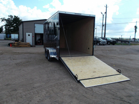 New 2026 Covered Wagon Trailers 7x16 Tandem Axle Cargo Trailer / Enclosed Trailer / 7'6" Interior / Extra Wide Ramp / 48" RV Side Door / LEDs / .030 Black Semi-Screwless Exterior