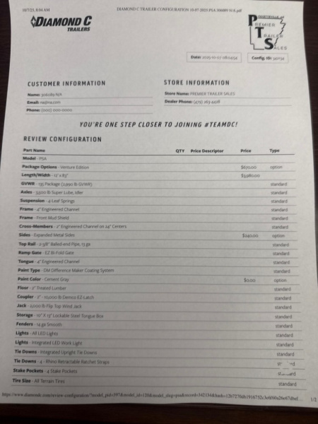 New 2026 Diamond C Trailers PSA  135 Package Venture Edition 12'X83" Utility Trailer