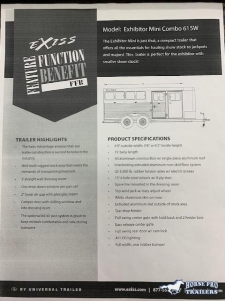 New 2026 Exiss Trailers Exhibitor Mini Combo 615 BP Windows Horse Trailer