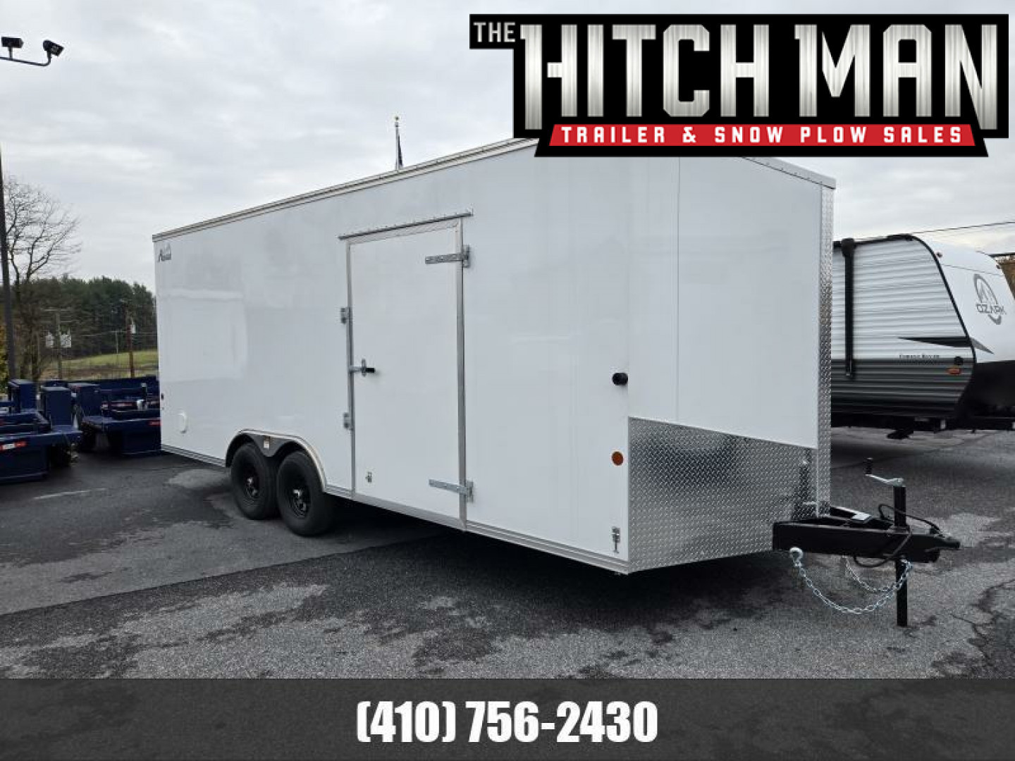 New 8.5 x 20 Car Mate AVALANCHE V-Nose Enclosed Car Trailer, 10k GVWR ***White w/Get Out Door, 6" Extra Height, Ramp Door, Black Wheels, HD Tie Downs