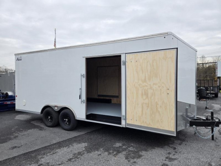 New 8.5 x 20 Car Mate AVALANCHE V-Nose Enclosed Car Trailer, 10k GVWR ***White w/Get Out Door, 6  Extra Height, Ramp Door, Black Wheels, HD Tie Downs