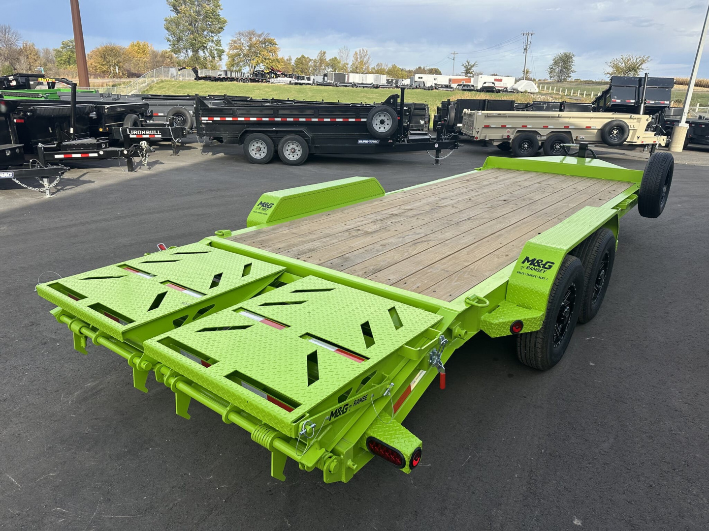 New EWB 83X20 (17+3) 14K EQUIPMENT TRAILER W/ JUMBO RAMPS - NEON GREEN