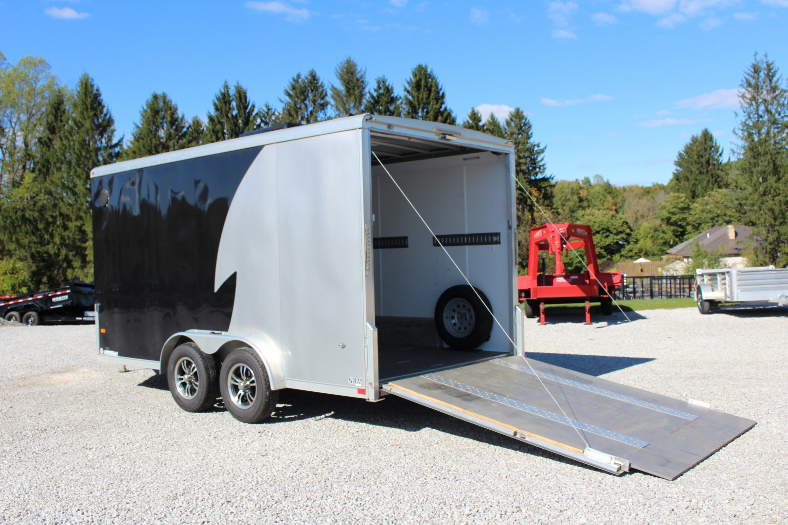 Used 2021 NEO NAM 7.5' x 14' Aluminum Enclosed Motorcycle UTV Trailer - RAMP DOOR - 7' Interior Height - 7000# GVW