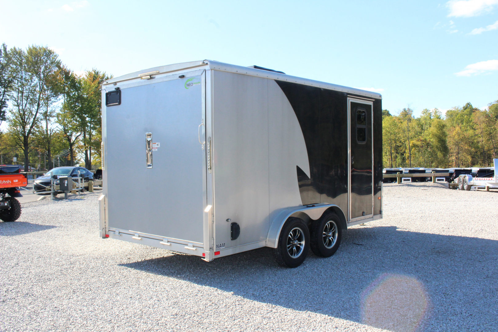Used 2021 NEO NAM 7.5' x 14' Aluminum Enclosed Motorcycle UTV Trailer - RAMP DOOR - 7' Interior Height - 7000# GVW