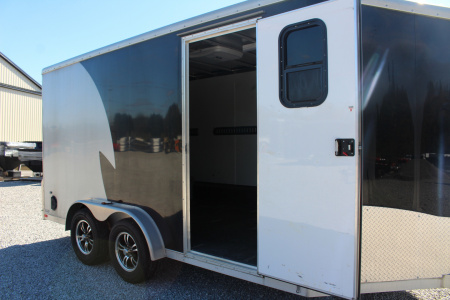 Used 2021 NEO NAM 7.5' x 14' Aluminum Enclosed Motorcycle UTV Trailer - RAMP DOOR - 7' Interior Height - 7000# GVW