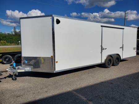 New 2026 ALCOM 8.5X24 TANDEM AXLE 9990 LB GVWR ALUMINUM ENCLOSED Car / Racing Trailer WITH AWESOME 8FT WIDE ESCAPE DOOR, REMOVEABLE INNER FENDER WELL, 6'9" INTERIOR HEIGHT, V NOSE, REAR RAMP DOOR, 1 PIECE ALUMINUM ROOF