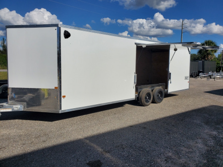 New 2026 ALCOM 8.5X24 TANDEM AXLE 9990 LB GVWR ALUMINUM ENCLOSED Car / Racing Trailer WITH AWESOME 8FT WIDE ESCAPE DOOR, REMOVEABLE INNER FENDER WELL, 6'9  INTERIOR HEIGHT, V NOSE, REAR RAMP DOOR, 1 PIECE ALUMINUM ROOF