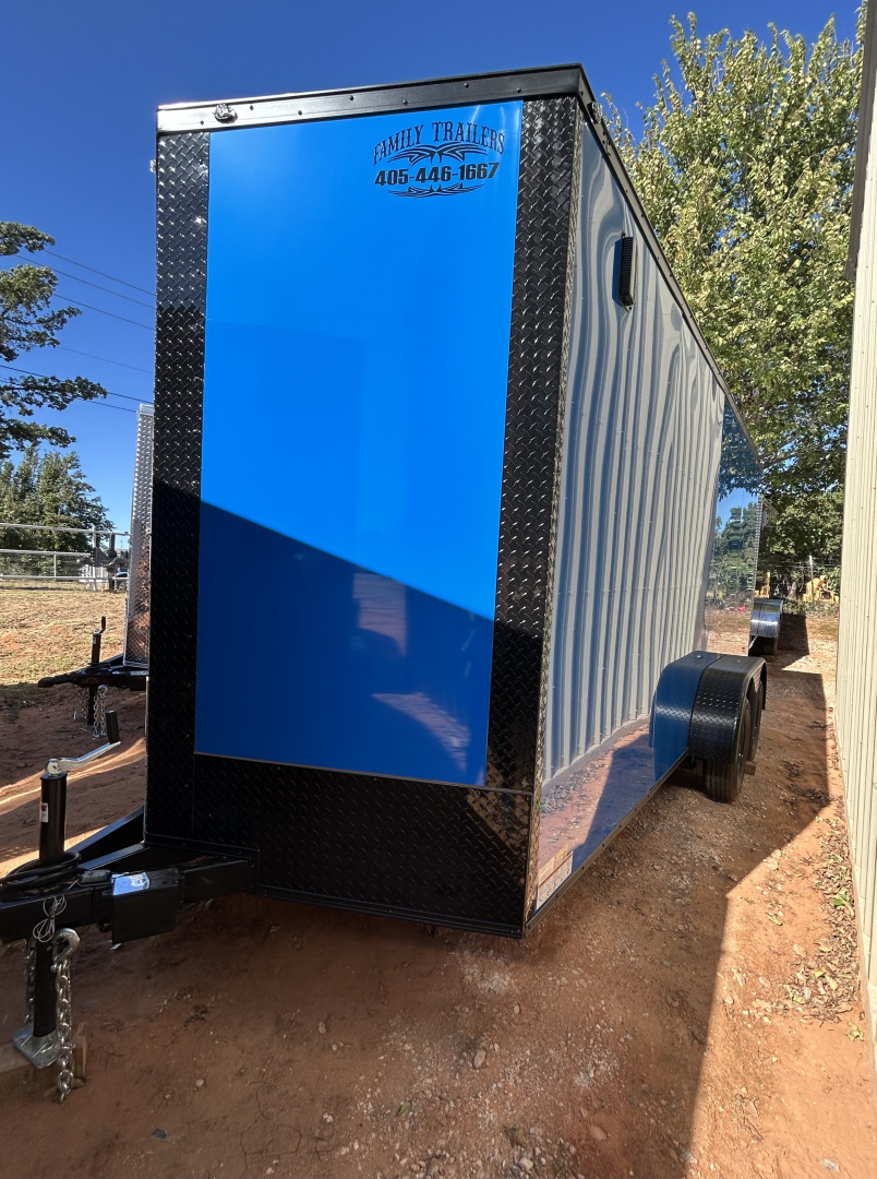 New 2025 Family Trailer 7x16 Tandem Axles Cargo / Enclosed Trailer-Screwless Exterior-Blackout Pkg.-Rear Spoiler