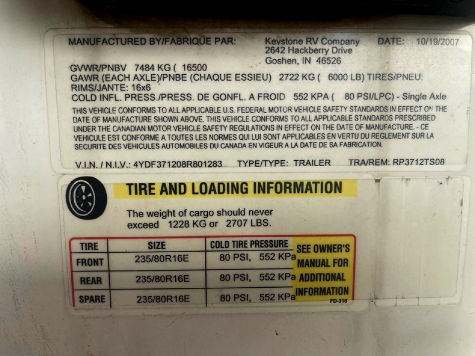 Used 2008 Keystone RV RP3712-TS08