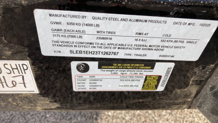 New 2026 Quality Steel and Aluminum 20' 14K GVWR Equipment Trailer