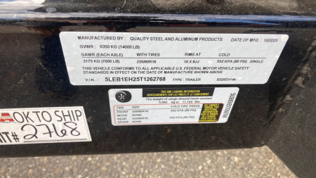 New 2026 Quality Steel and Aluminum 20' 14k gvwr Equipment Trailer