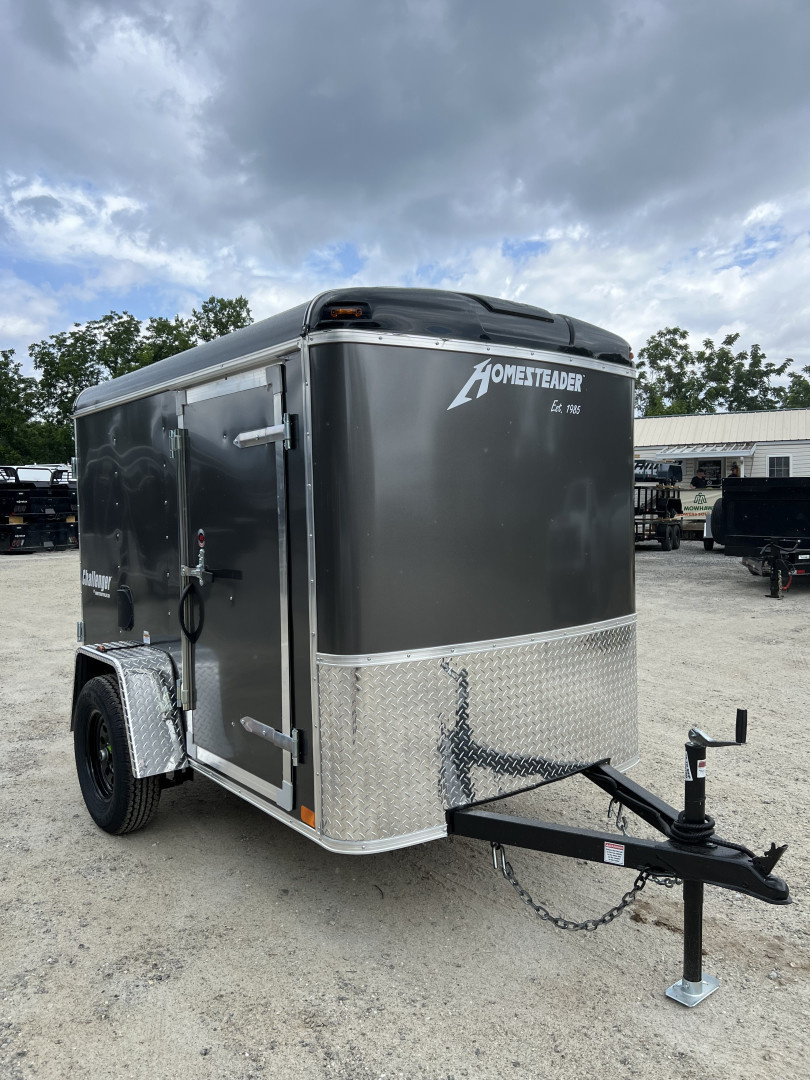 New 2026 Homesteader Trailer / Challenger Series / 5x8 / 5'7" Interior Height / Single Swing Rear Door / 32" Side Door / 24" Stoneguard / .030 Charcoal Gray Aluminum