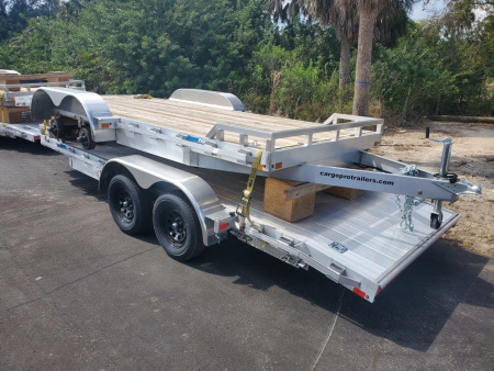New 2026 ALCOM 7X18 TANDEM AXLE 7000 LB GVWR ALUMINUM Car / Racing Trailer WITH REMOVEABLE FENDER, SLIDE IN RAMPS, PRESSURE TREATED WOOD DECK