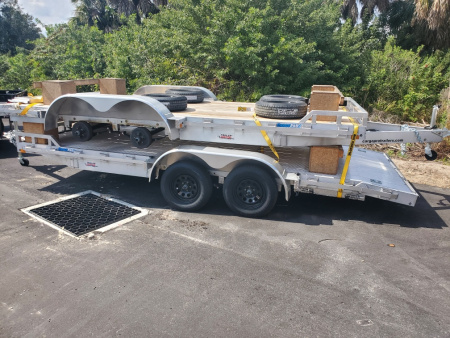 New 2026 ALCOM 7X18 TANDEM AXLE 7000 LB GVWR ALUMINUM Car / Racing Trailer WITH REMOVEABLE FENDER, SLIDE IN RAMPS, PRESSURE TREATED WOOD DECK