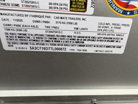 New 2026 Car Mate Trailers 7x14 7K 80" Interior Height Contractor with Rear Double Doors
