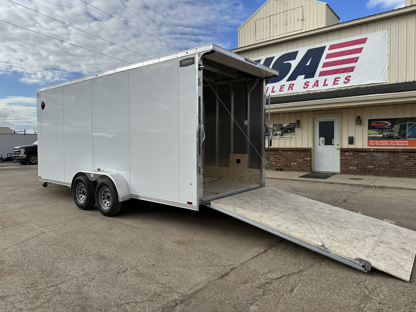 New 2026 Lightning Trailers 7X23 Aluminum 3-Place w/7ft Height & Rear Spoiler Snowmobile Trailer