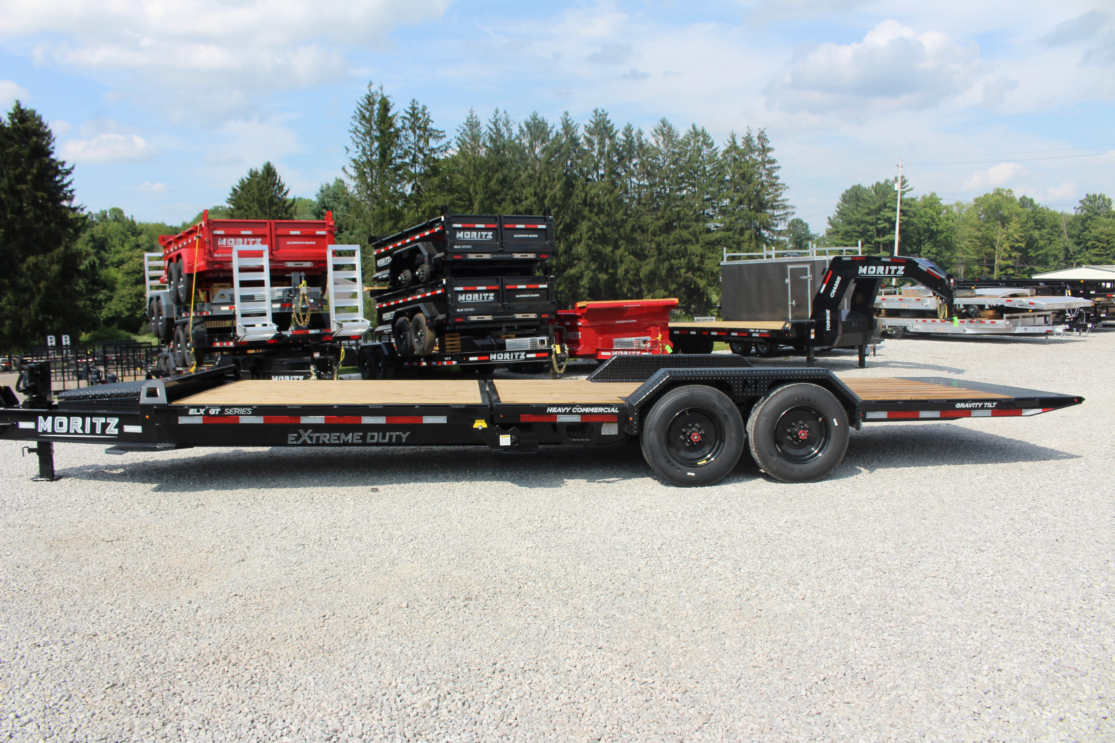 New 2026 Moritz 7' x 16' + 8' Low Pro - Gravity Tilt - Equipment Trailer - 25900# GVW