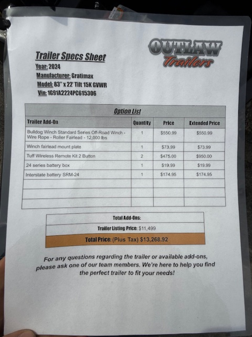 New 2024 Outlaw Trailers 22' 15k Tit w/ add ons Tilt Trailer