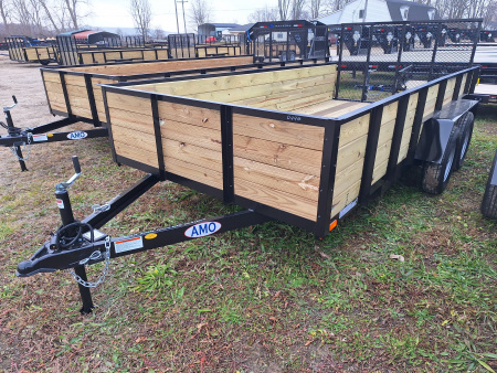 New 2026 AMO 82x14 Tandem Axle Woodside Utility Trailer With Spring Assist Gate and Led Lights