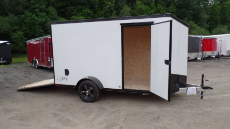 New ATC Aluminum Enclosed Cargo Trailer 6X12, 66 interior height, White with Black Trim Pkg., Ramp Door, SALE $7,995.  #231404