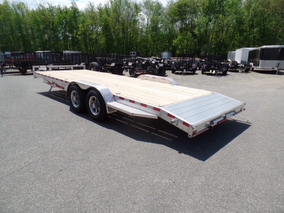 New EXAMPLE / WOLVERINE BRAND, 22 ft. long deck open car trailer, 82 wide deck, 9,990 lb. GVWR. ALUMINUM FRAME, Wood Deck. Our ID# 056786