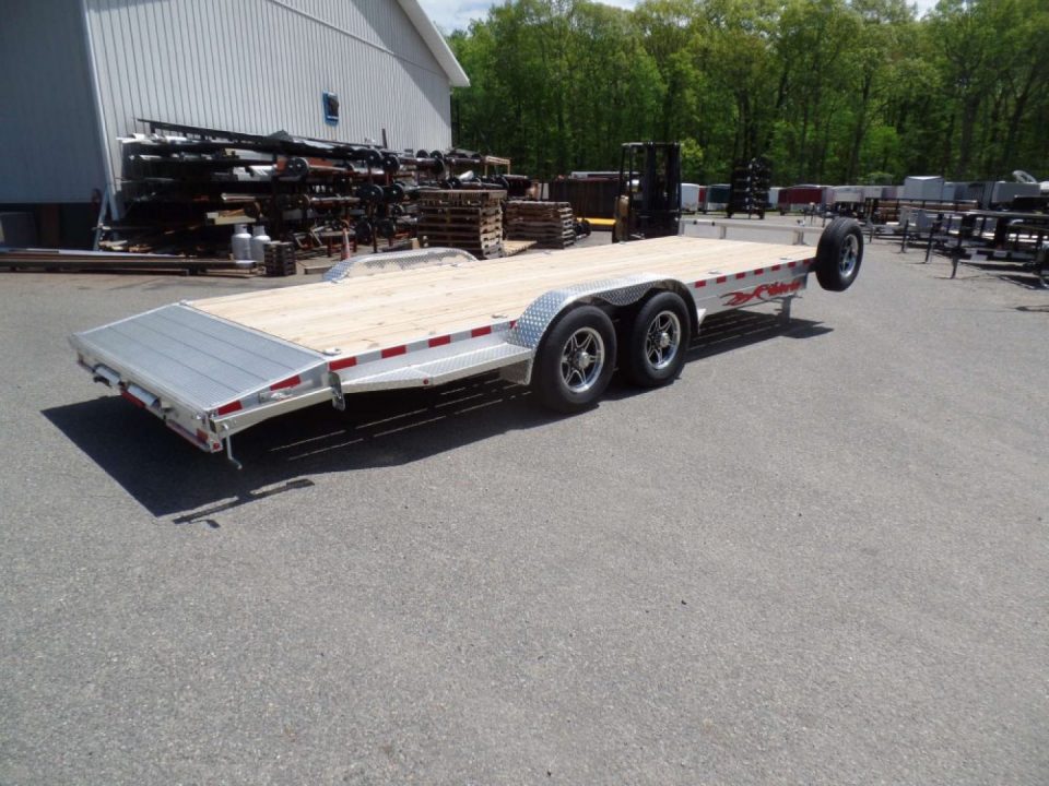 New EXAMPLE / WOLVERINE BRAND, 22 ft. long deck open car trailer, 82 wide deck, 9,990 lb. GVWR. ALUMINUM FRAME, Wood Deck. Our ID# 056786