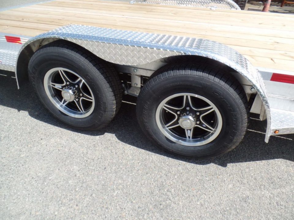 New EXAMPLE / WOLVERINE BRAND, 22 ft. long deck open car trailer, 82 wide deck, 9,990 lb. GVWR. ALUMINUM FRAME, Wood Deck. Our ID# 056786