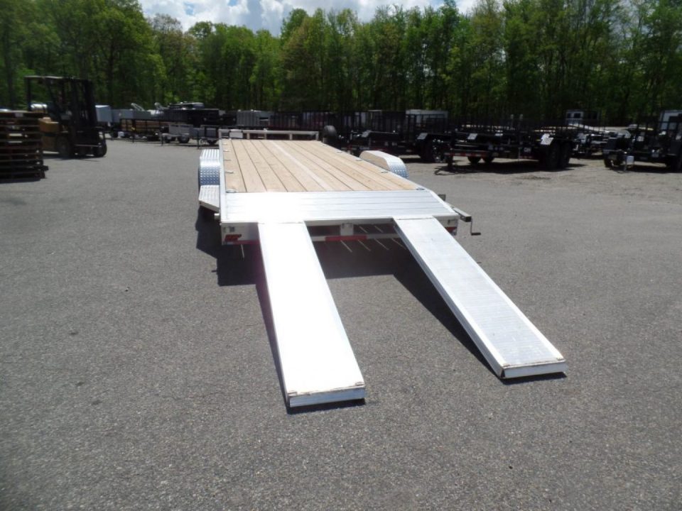 New EXAMPLE / WOLVERINE BRAND, 22 ft. long deck open car trailer, 82 wide deck, 9,990 lb. GVWR. ALUMINUM FRAME, Wood Deck. Our ID# 056786