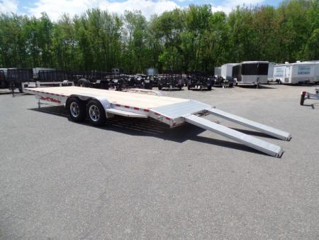 New EXAMPLE / WOLVERINE BRAND, 22 ft. long deck open car trailer, 82 wide deck, 9,990 lb. GVWR. ALUMINUM FRAME, Wood Deck. Our ID# 056786