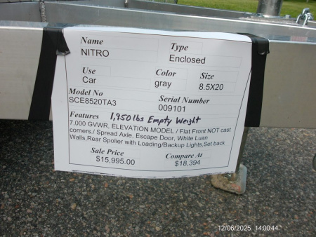 New NITRO BRAND, Elevation Model 8.5X20 Aluminum Frame Enclosed Car Trailer , 1.950 lbs empty weight! 7,000 GVWR, with Big Escape Door and other Options! ID#009101