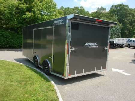 New NITRO BRAND, Elevation Model 8.5X20 Aluminum Frame Enclosed Car Trailer , 1.950 lbs empty weight! 7,000 GVWR, with Big Escape Door and other Options! ID#009101