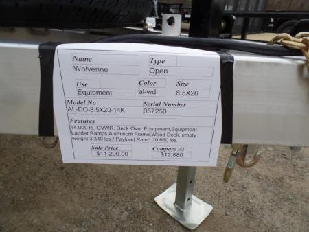 New WOLVERINE BRAND, DECK OVER EQUIPMENT TRAILER, 8.5x20 FT. DECK, 14,000 lb. GVWR, Payload Rated 10,660 lbs. Empty Weight 3,340 lbs. ID# 057250