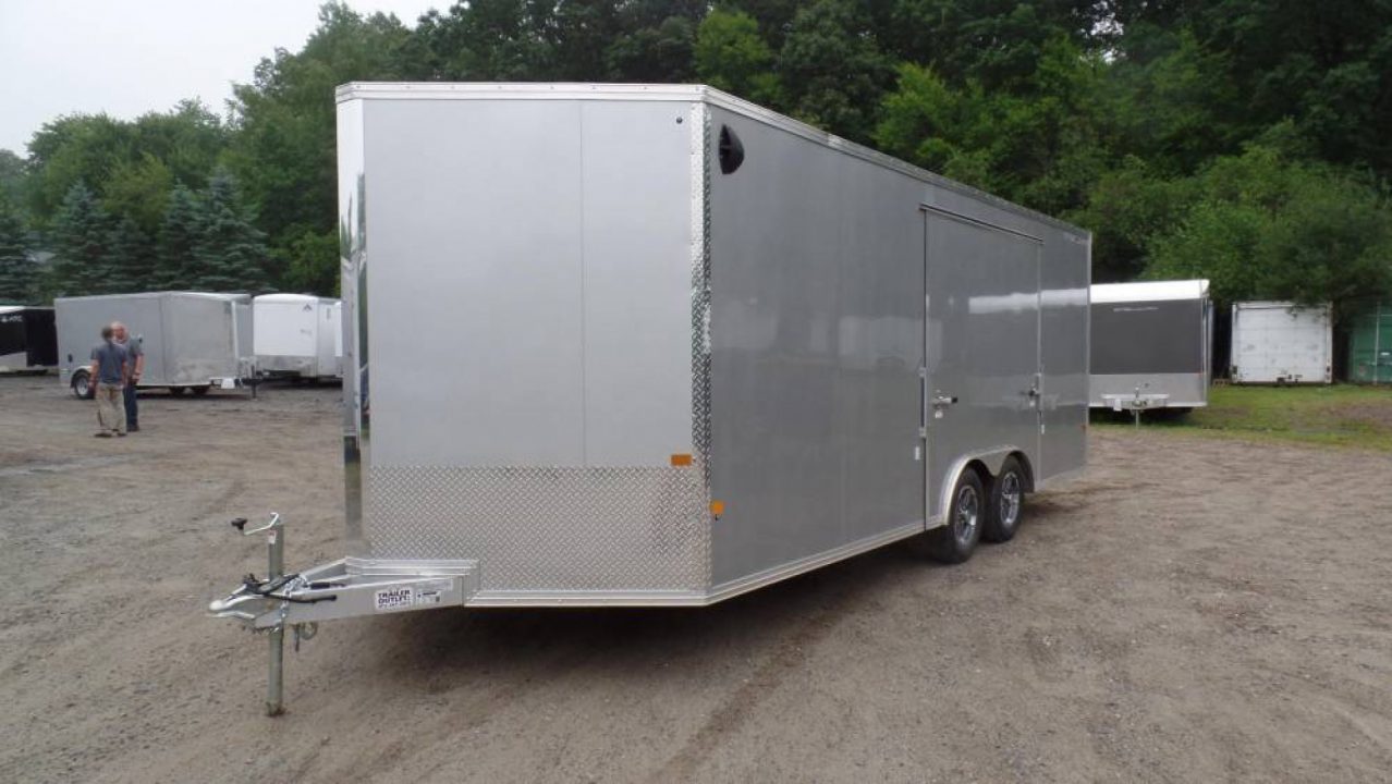 New ALCOM BRAND , Enclosed Car Trailer, 8.5X20 V nose , 7,000 lb. GVWR , Silver Exterior , Frame Lightweight, 2,000 lbs. empty weight. ID # 004569
