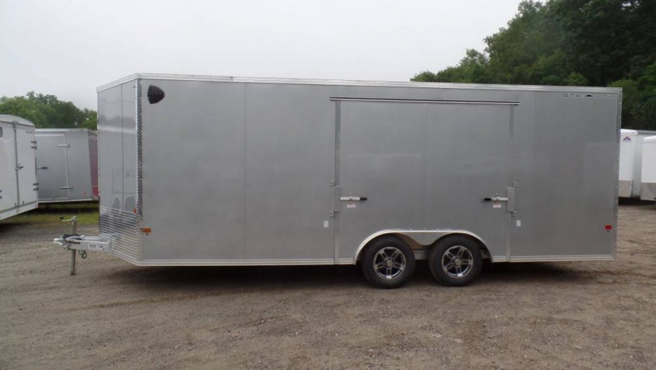 New ALCOM BRAND , Enclosed Car Trailer, 8.5X20 V nose , 7,000 lb. GVWR , Silver Exterior , Frame Lightweight, 2,000 lbs. empty weight. ID # 004569