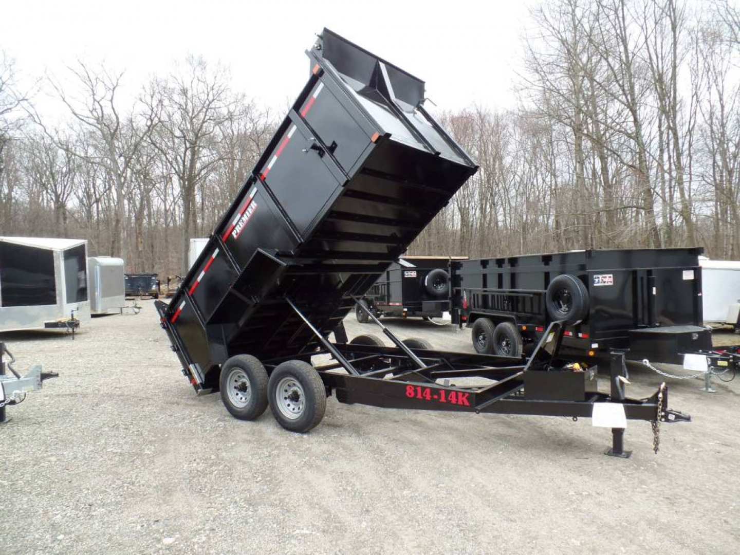 New DUMP TRAILER 7X14X4ft. sides, 14,000 lb. GVWR, 14.5 Yards, with Barn Doors, Ramps, Tarp and Roller, Heavy Duty Framing our ID# 014367