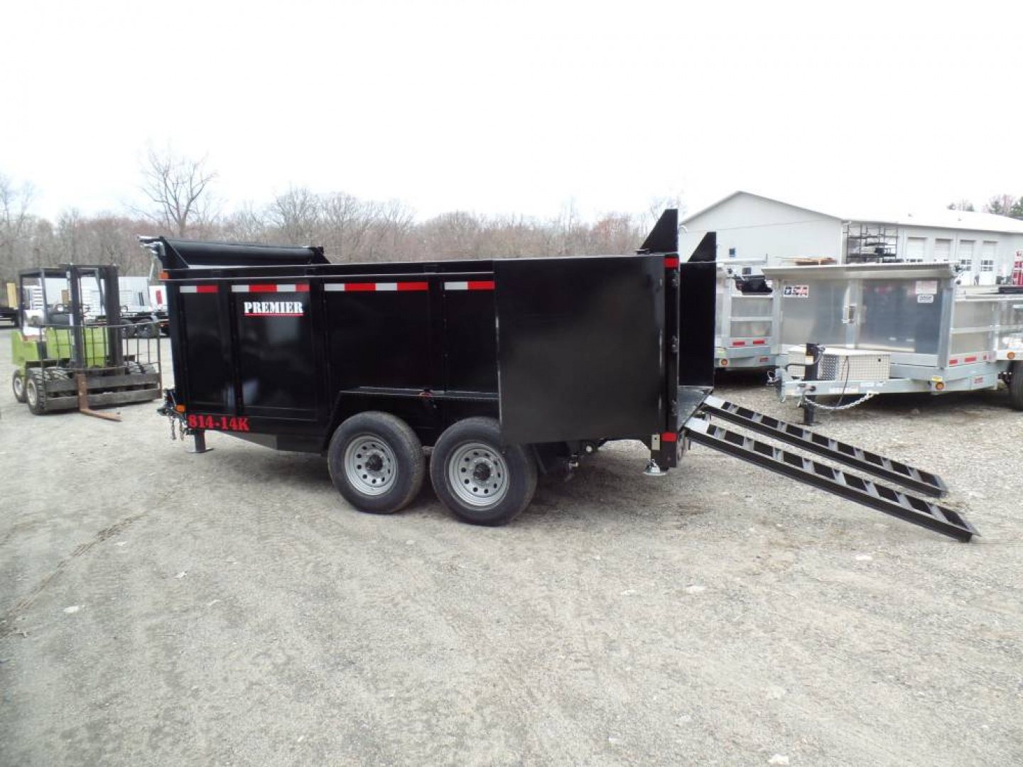 New DUMP TRAILER 7X14X4ft. sides, 14,000 lb. GVWR, 14.5 Yards, with Barn Doors, Ramps, Tarp and Roller, Heavy Duty Framing our ID# 014367