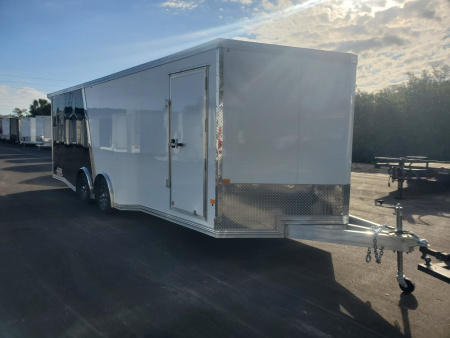 New 2026 ALCOM 8.5X24 TANDEM AXLE ALUMINUM 2-TONE Car / Racing Trailer WITH 2-5200LB TORSION AXLES, 6'X9' ESCAPE DOOR, RTP RUBBER FLOOR, WHITE LUAN WALLS/CEILING. MAG WHEELS, SLOPED V NOSE, D RINGS, SCREWLESS EXTERIOR