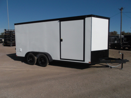 New 2026 Covered Wagon Trailers 7x16 Cargo Trailer / Enclosed Trailer / 6'6" Interior / Extra Wide Ramp / 48" RV Door / .030 White Semi-Screwless Exterior / Black Out Package Cargo / Enclosed Trailer