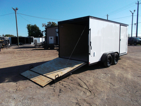 New 2026 Covered Wagon Trailers 7x16 Cargo Trailer / Enclosed Trailer / 6'6" Interior / Extra Wide Ramp / 48" RV Door / .030 White Semi-Screwless Exterior / Black Out Package Cargo / Enclosed Trailer