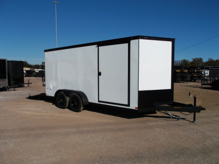 New 2026 Covered Wagon Trailers 7x16 Cargo Trailer / Enclosed Trailer / 6'6" Interior / Extra Wide Ramp / 48" RV Door / .030 White Semi-Screwless Exterior / Black Out Package Cargo / Enclosed Trailer