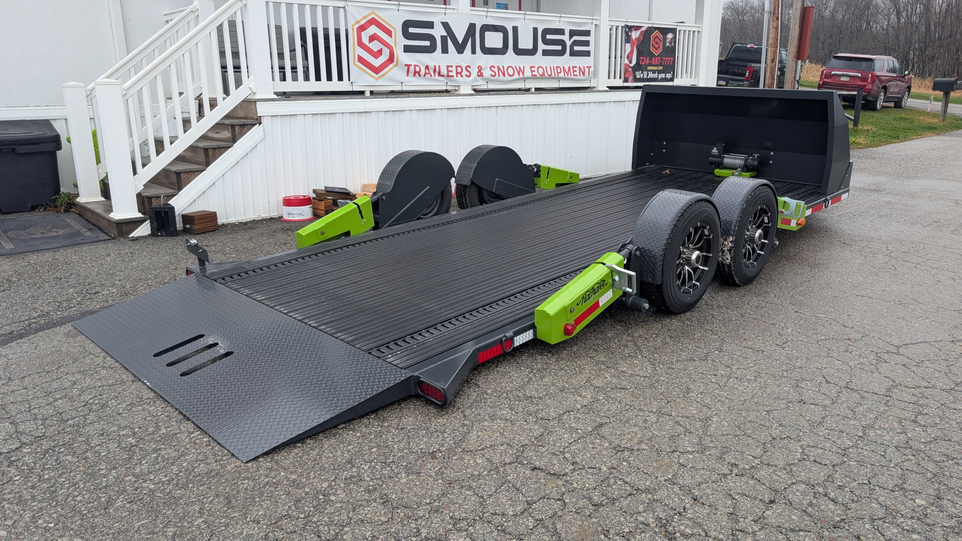 New 2026 "FlatTrak" by Belmont 7x18 Hydraulic Car Hauler w/ Hydraulic Jack