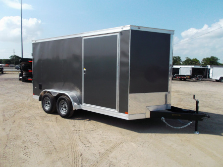 New 2026 Covered Wagon Trailers 7x14 Cargo Trailer / Enclosed Trailer / 6'6" Interior / Extra Wide Ramp / 48" RV Door / LEDs / .030 Charcoal Gray Semi-Screwless Exterior