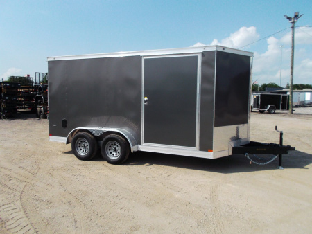 New 2026 Covered Wagon Trailers 7x14 Cargo Trailer / Enclosed Trailer / 6'6" Interior / Extra Wide Ramp / 48" RV Door / LEDs / .030 Charcoal Gray Semi-Screwless Exterior