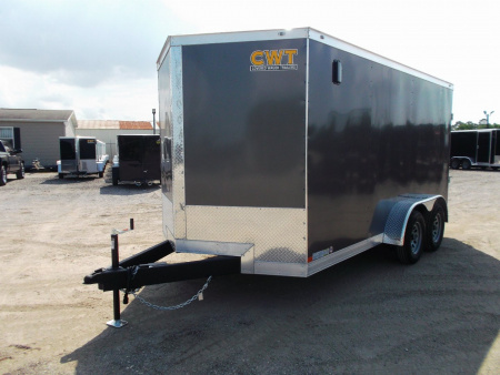New 2026 Covered Wagon Trailers 7x14 Cargo Trailer / Enclosed Trailer / 6'6" Interior / Extra Wide Ramp / 48" RV Door / LEDs / .030 Charcoal Gray Semi-Screwless Exterior