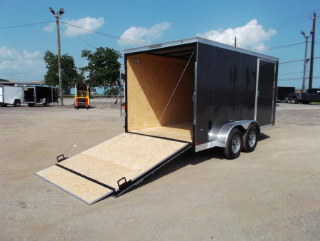 New 2026 Covered Wagon Trailers 7x14 Cargo Trailer / Enclosed Trailer / 6'6" Interior / Extra Wide Ramp / 48" RV Door / LEDs / .030 Charcoal Gray Semi-Screwless Exterior