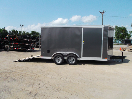 New 2026 Covered Wagon Trailers 7x14 Cargo Trailer / Enclosed Trailer / 6'6" Interior / Extra Wide Ramp / 48" RV Door / LEDs / .030 Charcoal Gray Semi-Screwless Exterior