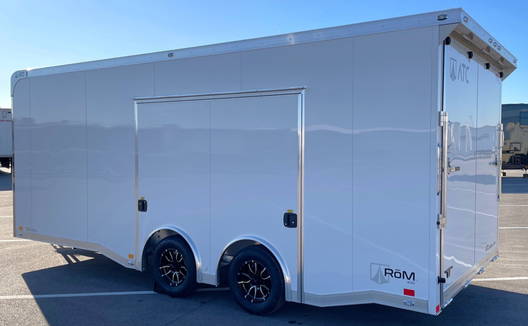 New ATC RoM 400 White 20' Aluminum Enclosed Car Hauler Trailer: Coin Floor, Escape Door, Spare 7,700 GVWR