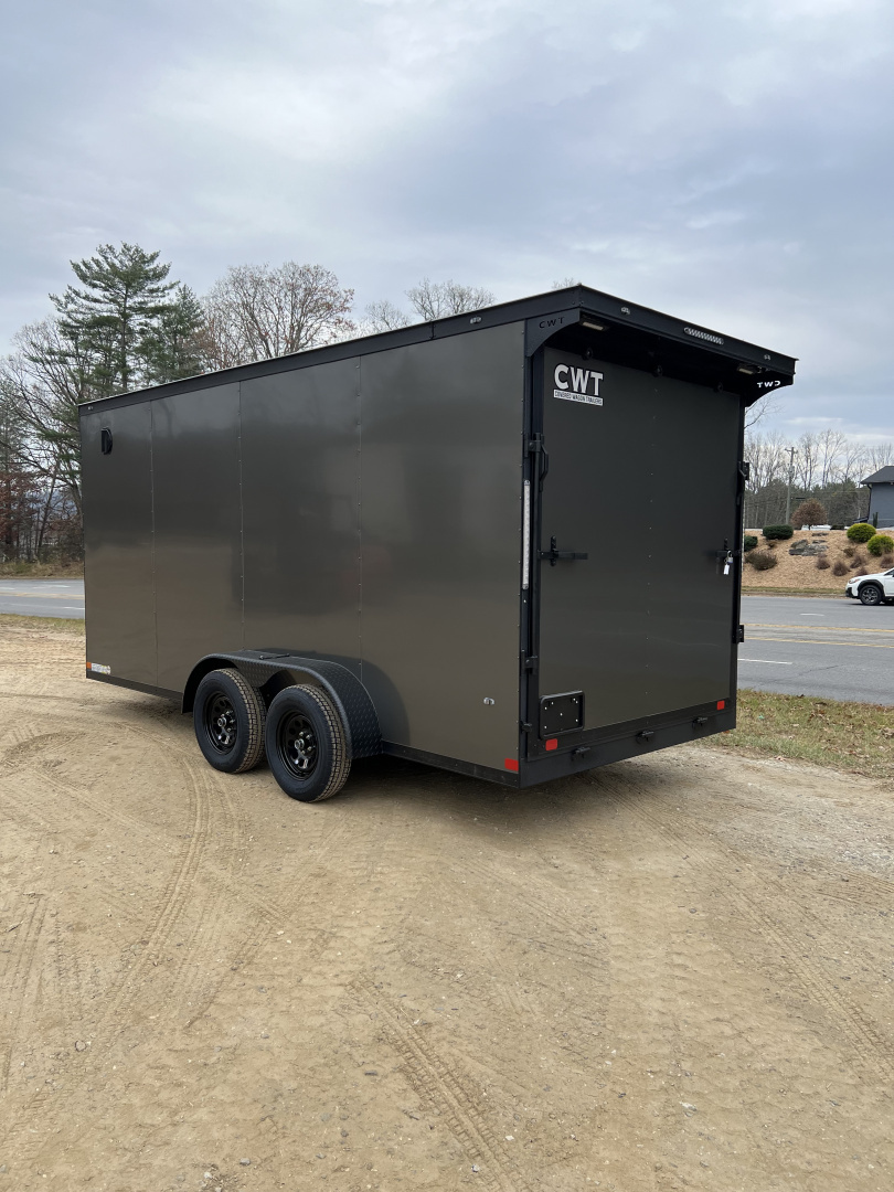 New 2026 Covered Wagon Trailers CW7X16TA2 Cargo / Enclosed Trailer / 7' Wide x 16' Long / 7' Interior Height / Ramp Rear Door , 48" Side door / 3500# Electric Brake Axles / .080 Poly Core Charcoal Gray with Black Out Package / Spoiler with load lights